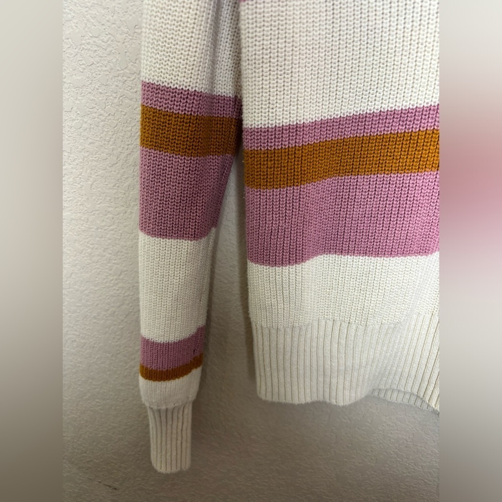PAIGE Negin V-Neck Knit Sweater in Fuchsia, Gold, and Cream Stripes Small - Picture 4 of 7